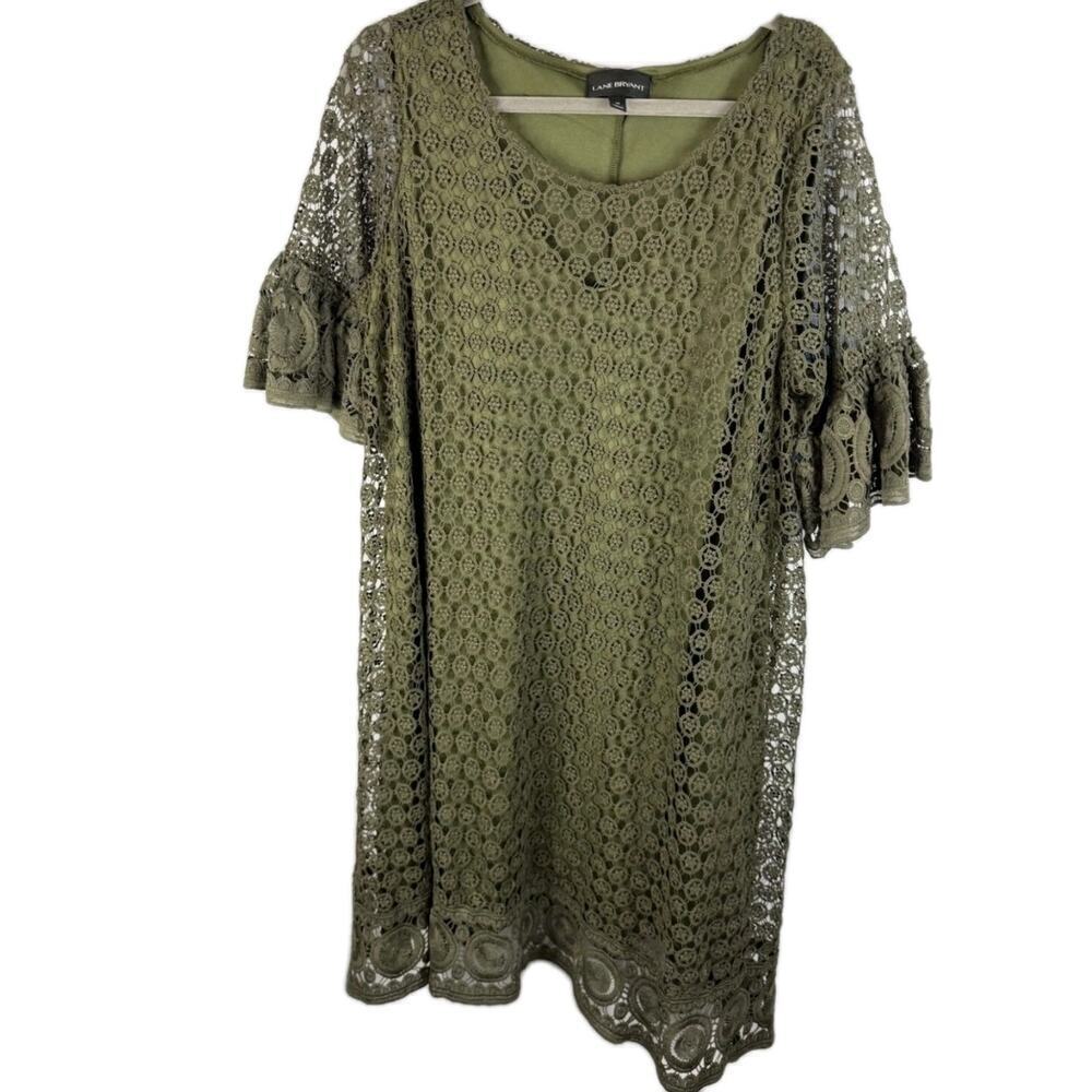Lane Bryant Olive Green Crochet Lace Overlay Dress Bell Sleeve Tunic Size 26